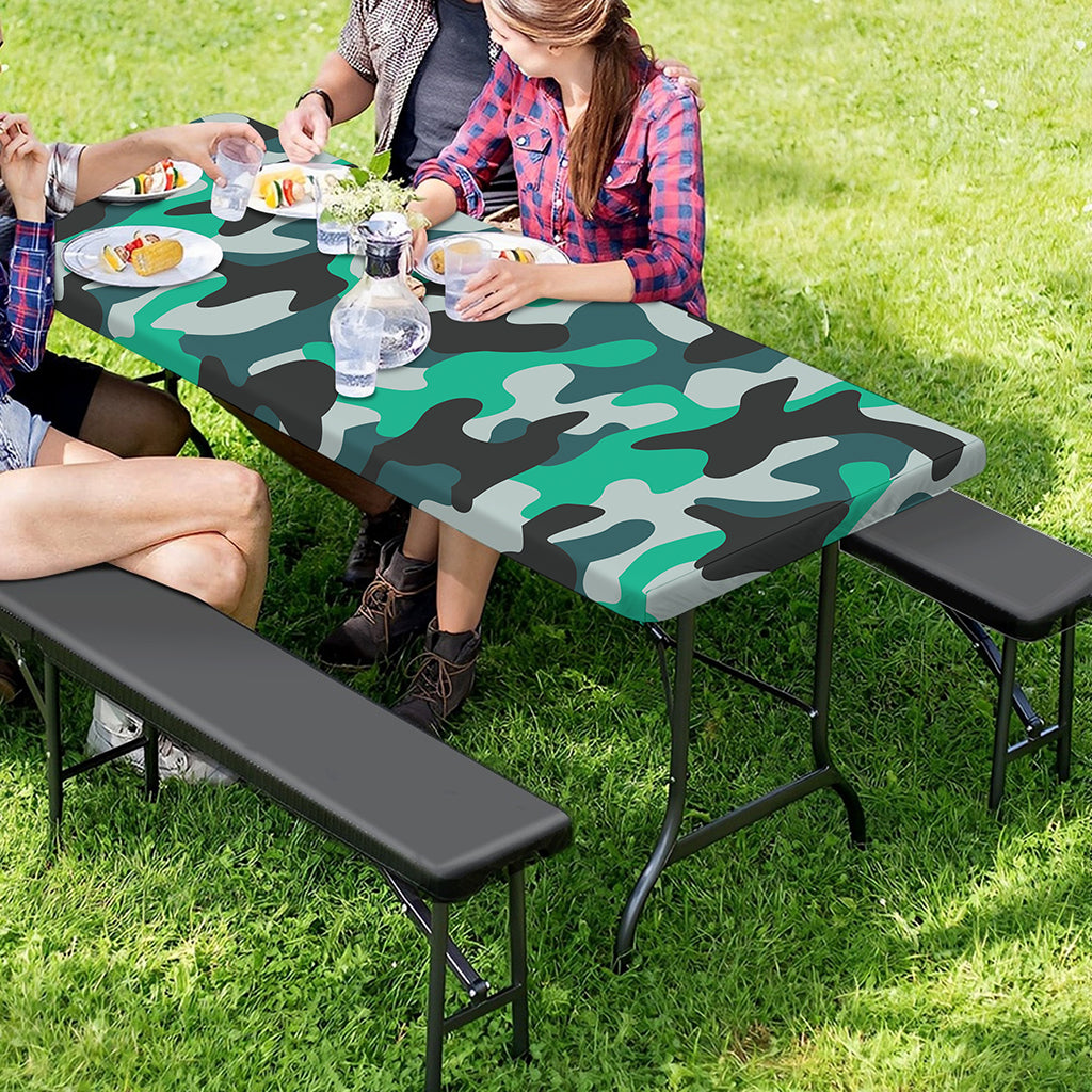 Teal And Black Camouflage Print Picnic Table Cover