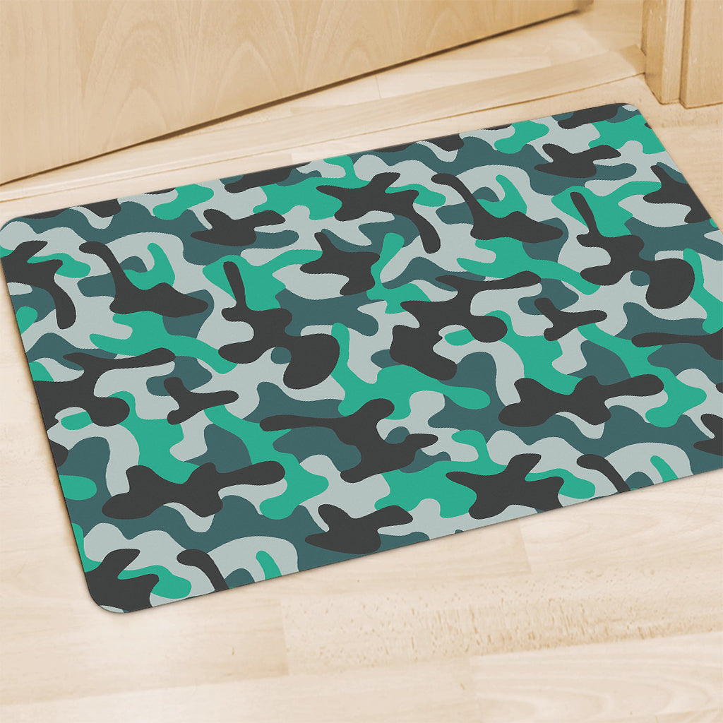 Teal And Black Camouflage Print Polyester Doormat