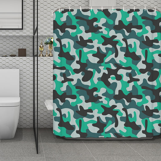 Teal And Black Camouflage Print Polyester Shower Curtain