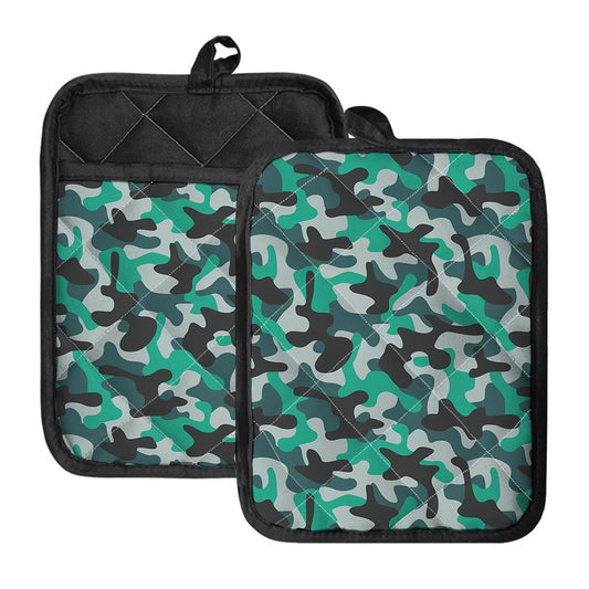 Teal And Black Camouflage Print Pot Holders With Pocket