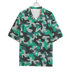 Teal And Black Camouflage Print Rayon Hawaiian Shirt