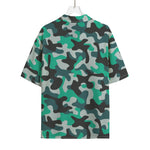 Teal And Black Camouflage Print Rayon Hawaiian Shirt