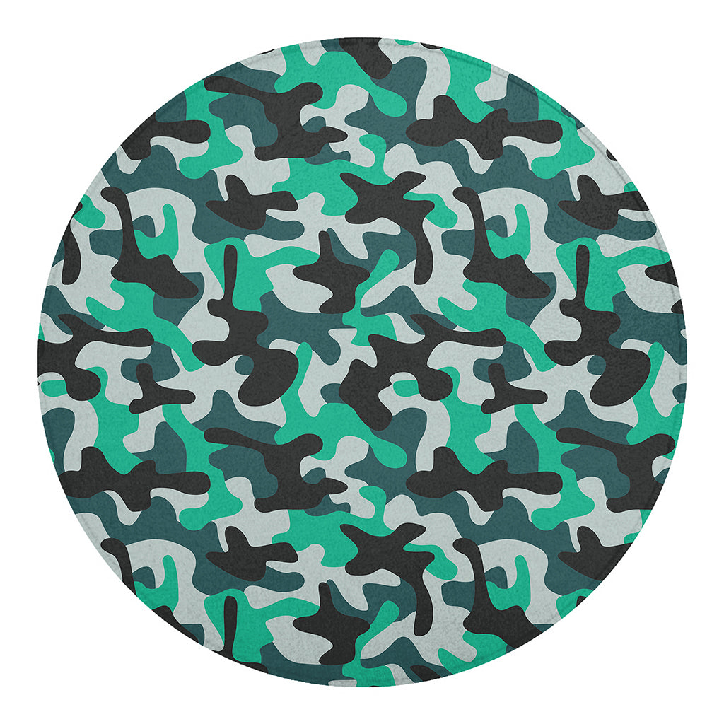 Teal And Black Camouflage Print Round Blanket