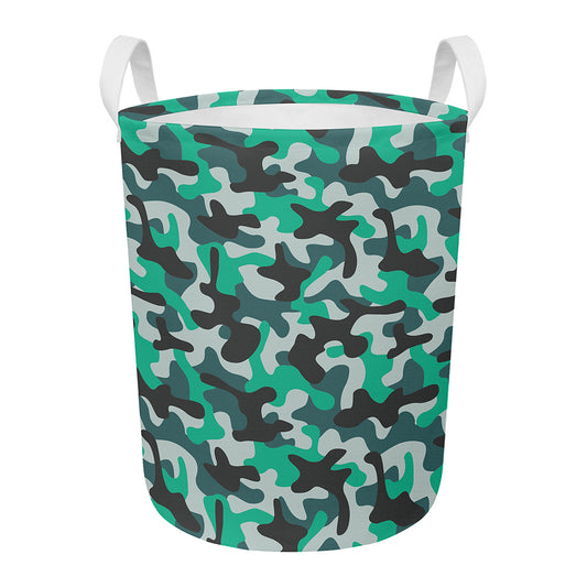 Teal And Black Camouflage Print Round Laundry Basket