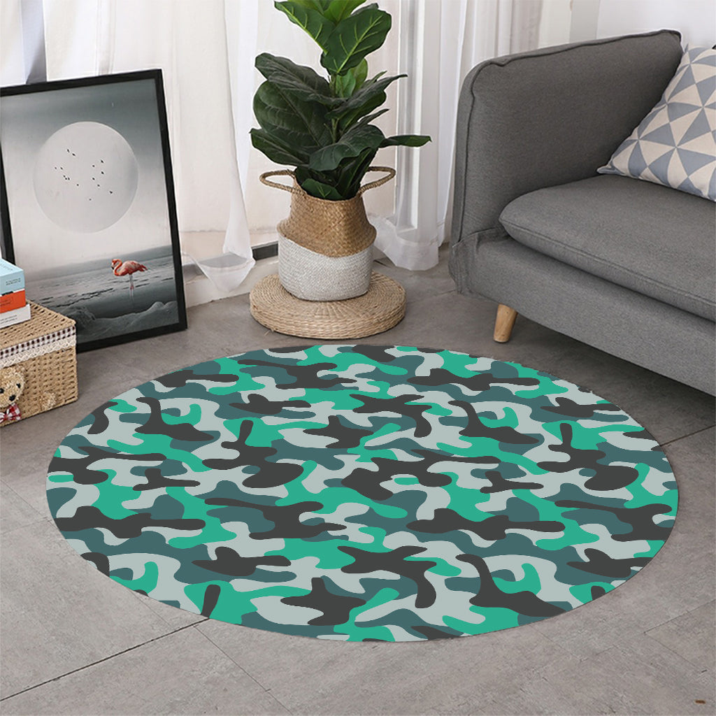 Teal And Black Camouflage Print Round Rug