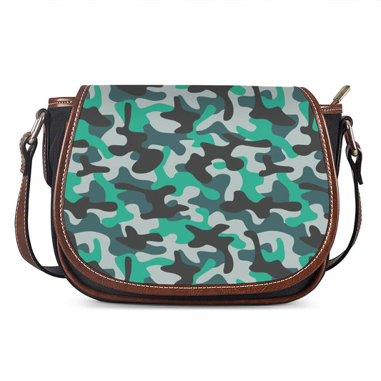 Teal And Black Camouflage Print Saddle Bag