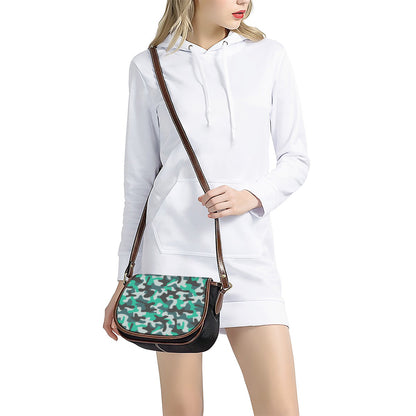 Teal And Black Camouflage Print Saddle Bag