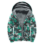 Teal And Black Camouflage Print Sherpa Lined Zip Up Hoodie