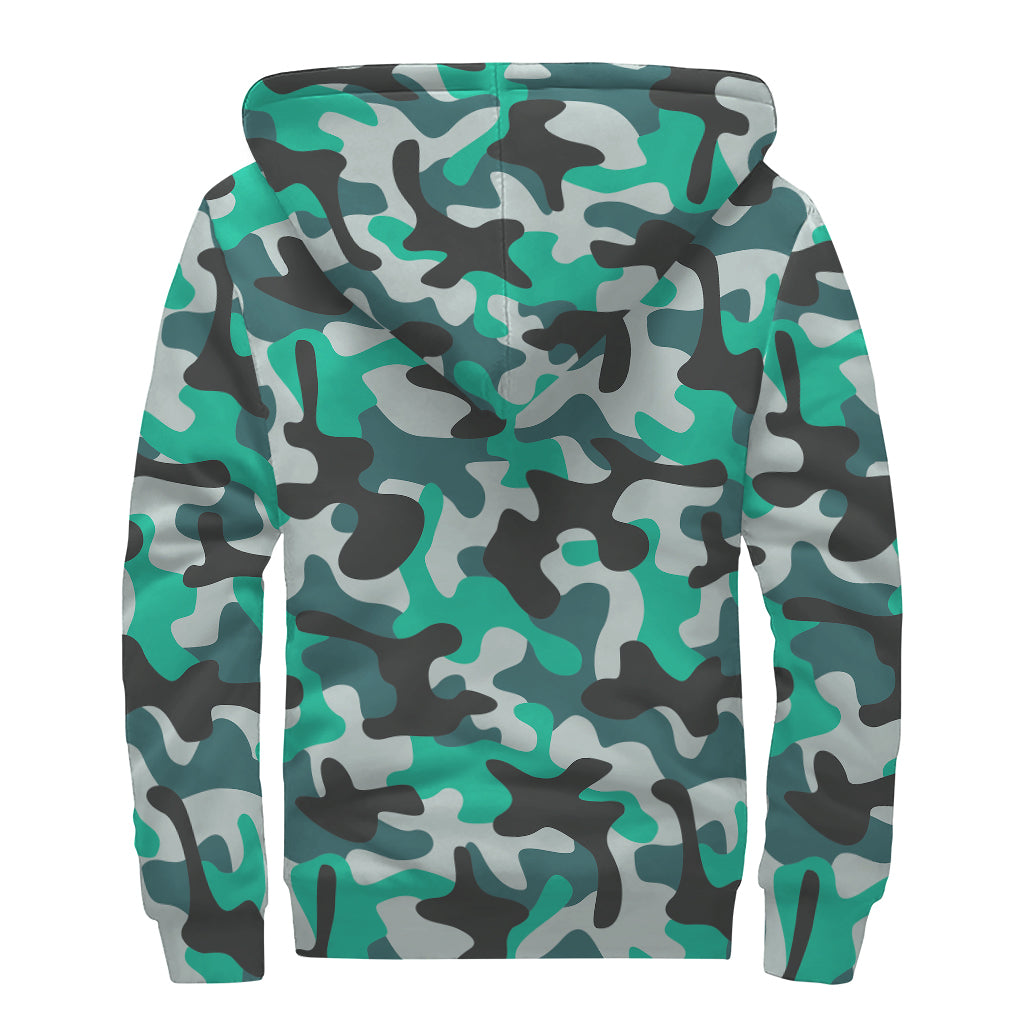 Teal And Black Camouflage Print Sherpa Lined Zip Up Hoodie