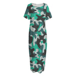 Teal And Black Camouflage Print Short Sleeve Long Nightdress