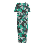 Teal And Black Camouflage Print Short Sleeve Long Nightdress