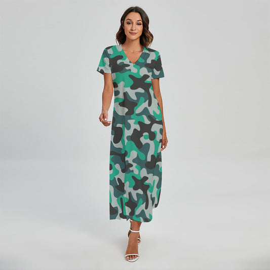 Teal And Black Camouflage Print Short Sleeve Maxi Dress