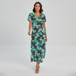 Teal And Black Camouflage Print Short Sleeve Maxi Dress