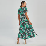 Teal And Black Camouflage Print Short Sleeve Maxi Dress