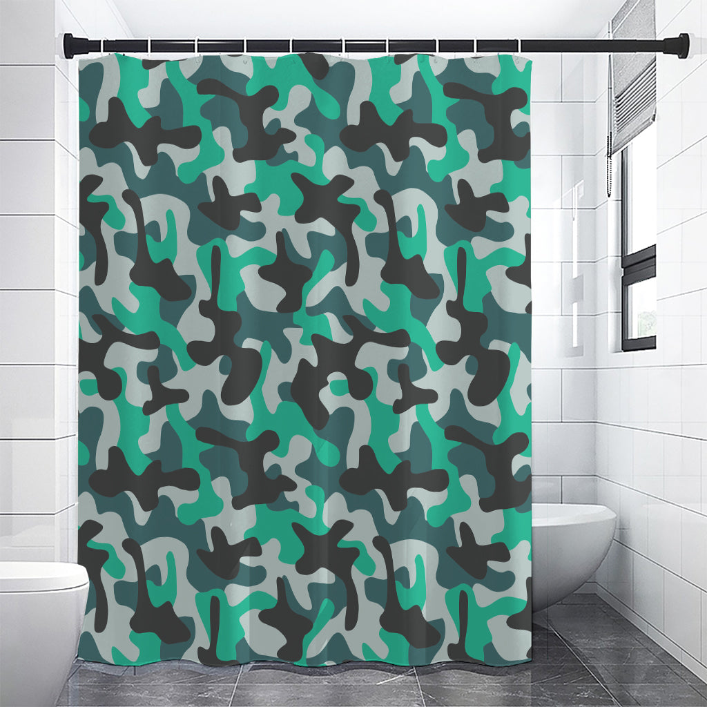 Teal And Black Camouflage Print Shower Curtain