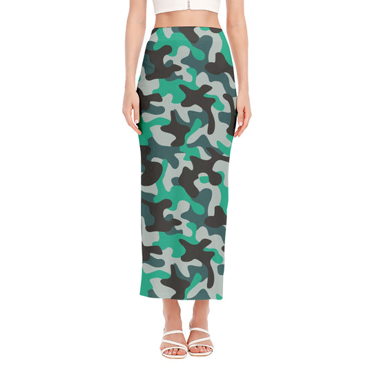 Teal And Black Camouflage Print Side Slit Maxi Skirt
