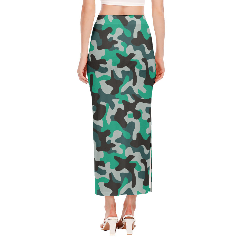 Teal And Black Camouflage Print Side Slit Maxi Skirt