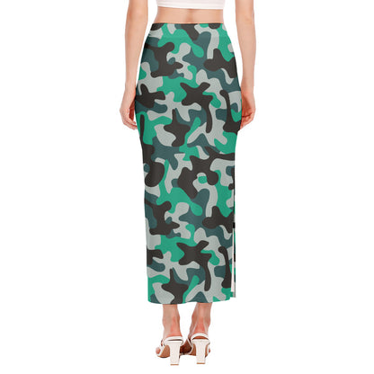 Teal And Black Camouflage Print Side Slit Maxi Skirt