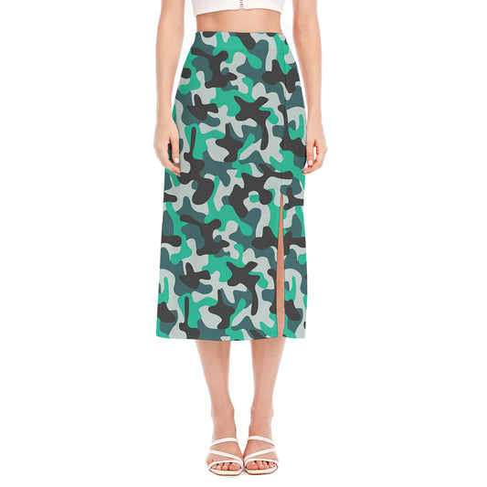 Teal And Black Camouflage Print Side Slit Midi Skirt