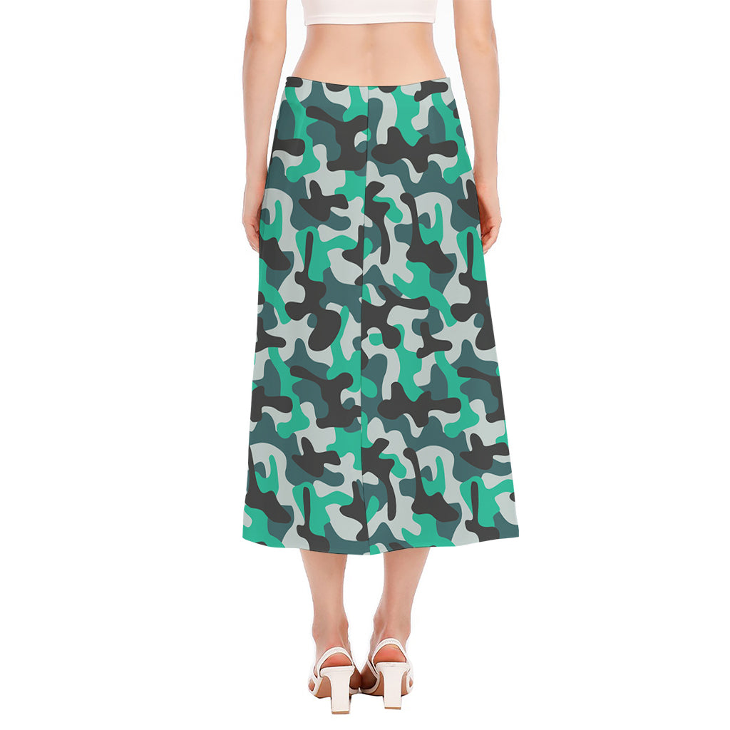 Teal And Black Camouflage Print Side Slit Midi Skirt