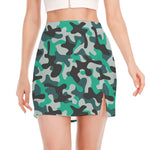 Teal And Black Camouflage Print Side Slit Mini Skirt