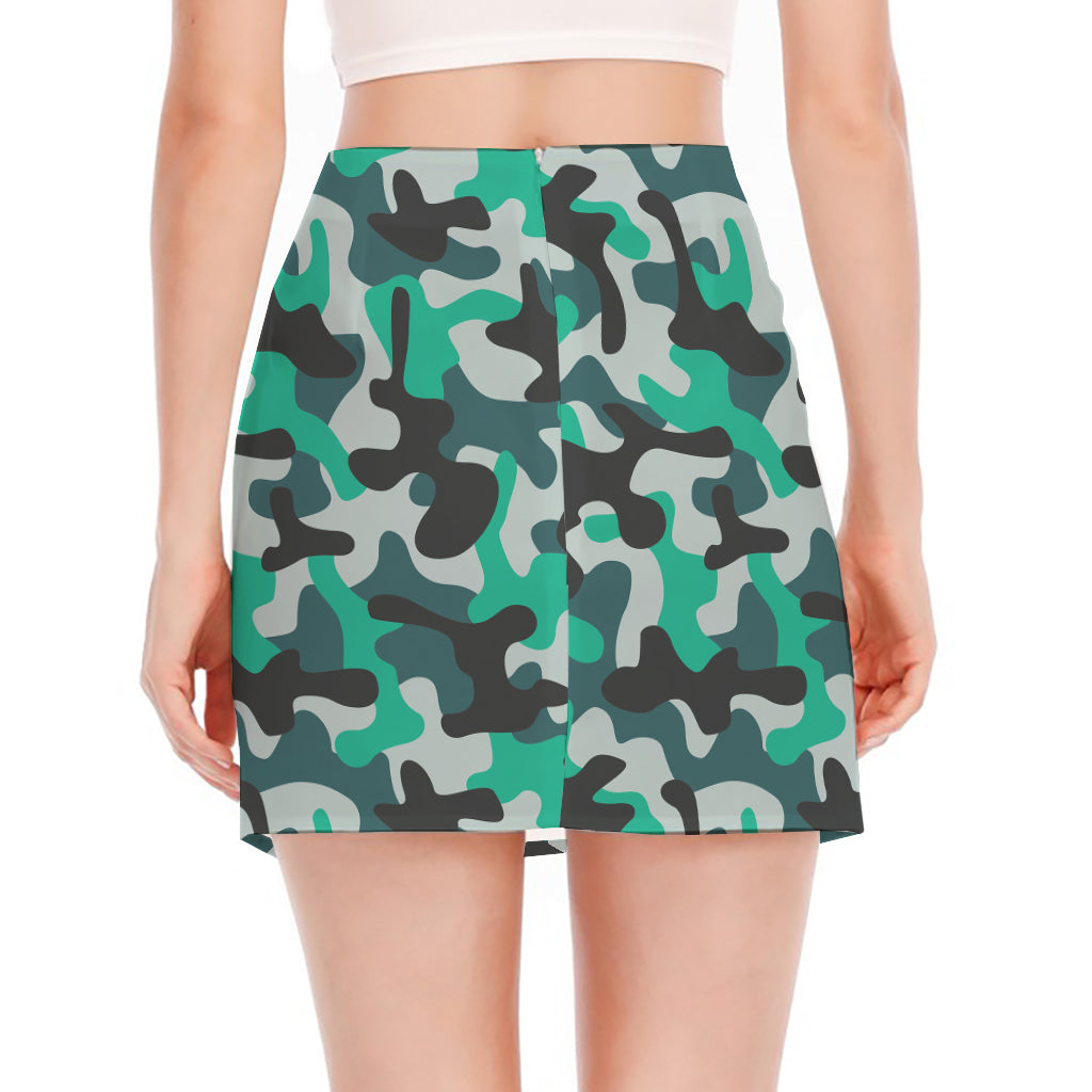 Teal And Black Camouflage Print Side Slit Mini Skirt