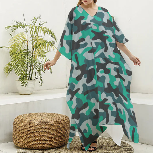 Teal And Black Camouflage Print Silk V-Neck Kaftan Dress