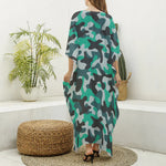 Teal And Black Camouflage Print Silk V-Neck Kaftan Dress