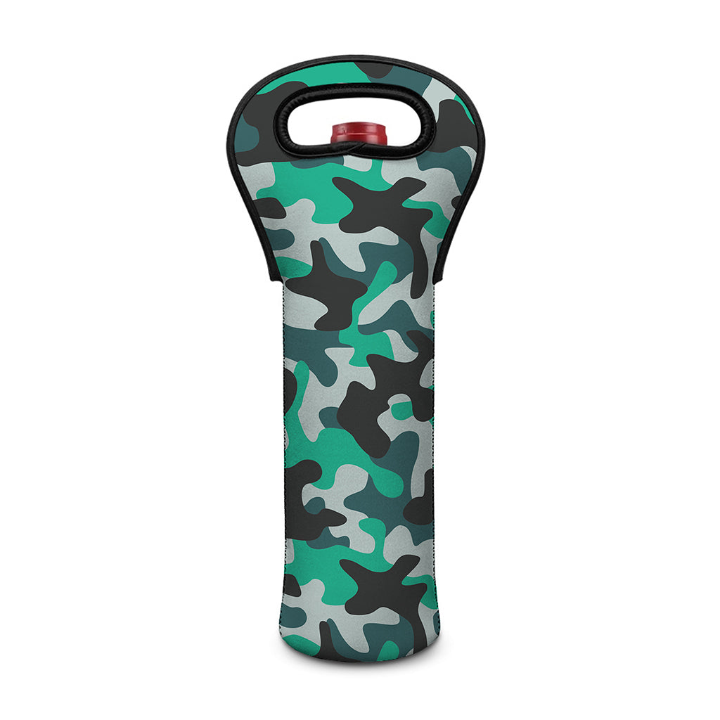 Teal And Black Camouflage Print Single Neoprene Wine Tote