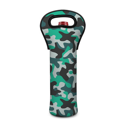 Teal And Black Camouflage Print Single Neoprene Wine Tote
