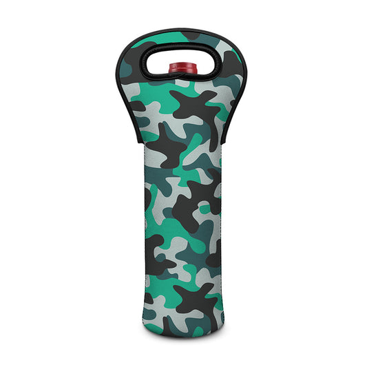 Teal And Black Camouflage Print Single Neoprene Wine Tote