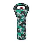 Teal And Black Camouflage Print Single Neoprene Wine Tote
