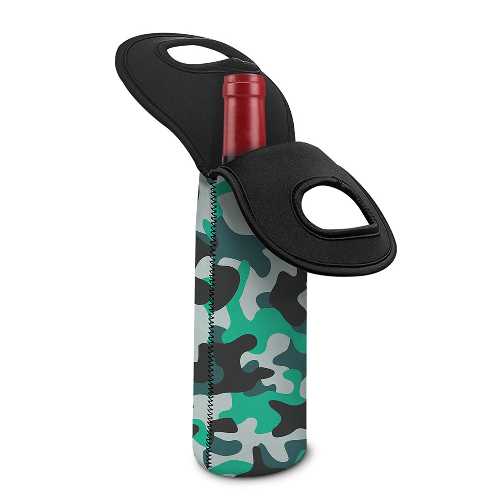 Teal And Black Camouflage Print Single Neoprene Wine Tote
