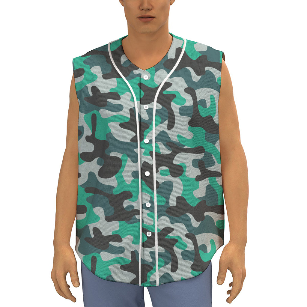 Teal And Black Camouflage Print Sleeveless Baseball Jersey