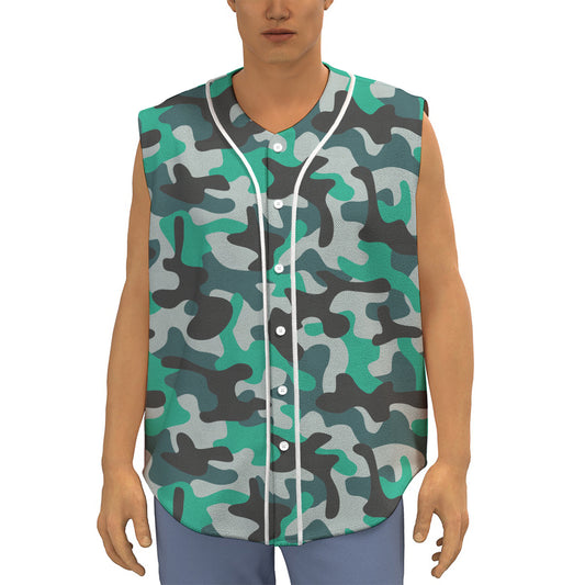 Teal And Black Camouflage Print Sleeveless Baseball Jersey
