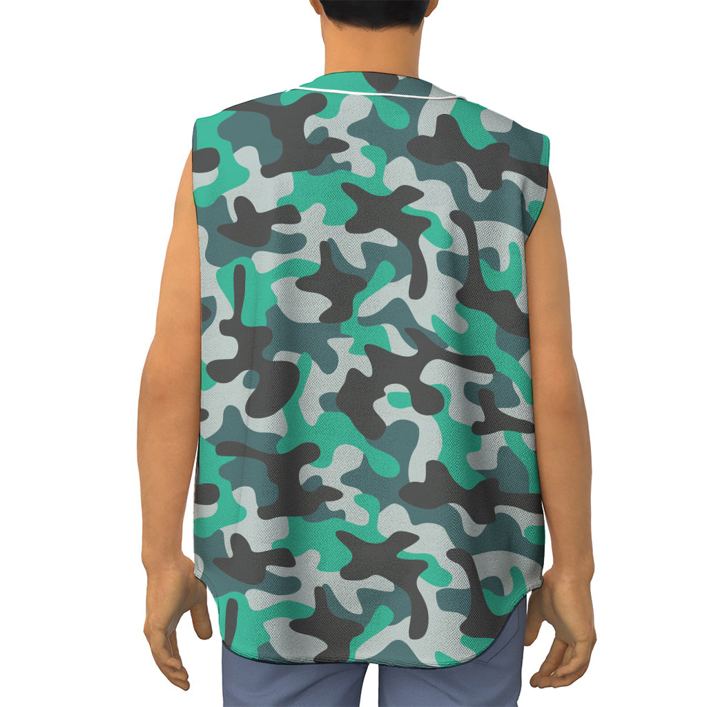 Teal And Black Camouflage Print Sleeveless Baseball Jersey