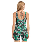 Teal And Black Camouflage Print Sleeveless One Piece Swimsuit