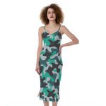 Teal And Black Camouflage Print Slim Fit Midi Cami Dress