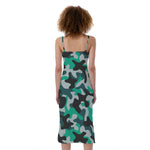 Teal And Black Camouflage Print Slim Fit Midi Cami Dress