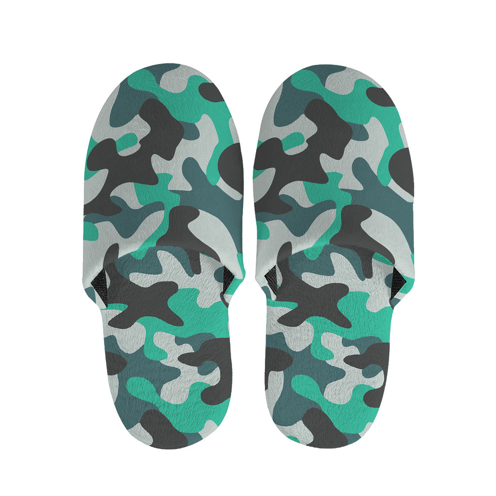 Teal And Black Camouflage Print Slippers