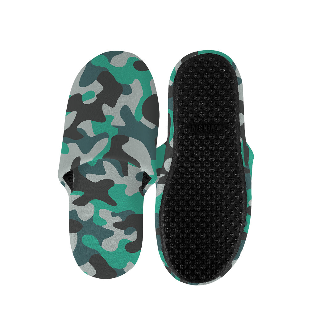 Teal And Black Camouflage Print Slippers