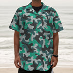 Teal And Black Camouflage Print Textured Short Sleeve Shirt