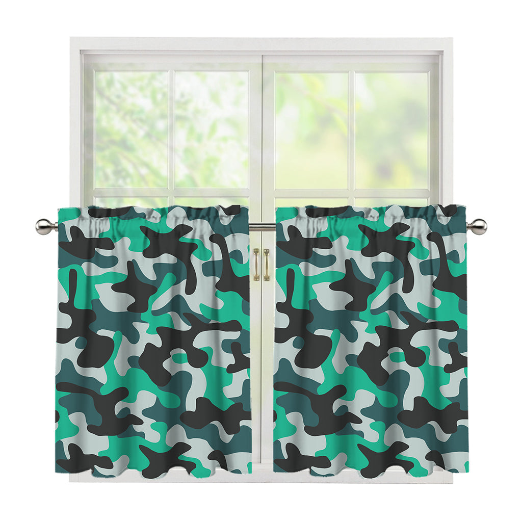 Teal And Black Camouflage Print Tier Curtains