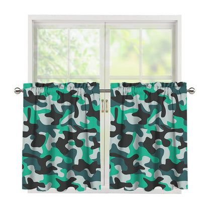 Teal And Black Camouflage Print Tier Curtains