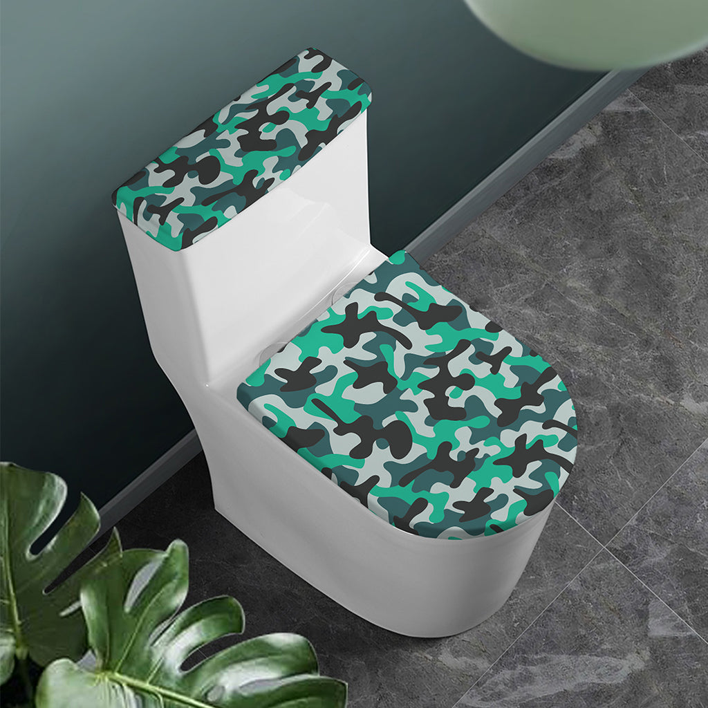 Teal And Black Camouflage Print Toilet Lid And Tank Cover Set