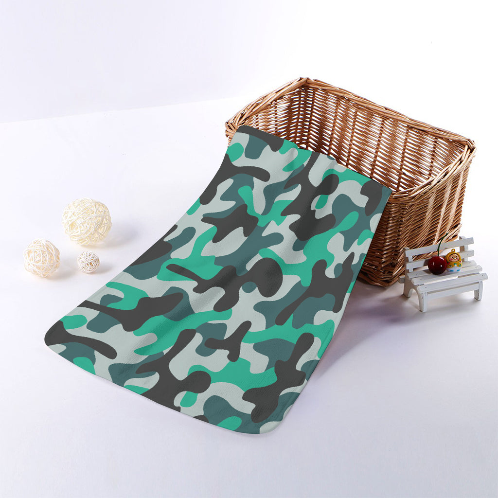 Teal And Black Camouflage Print Towel