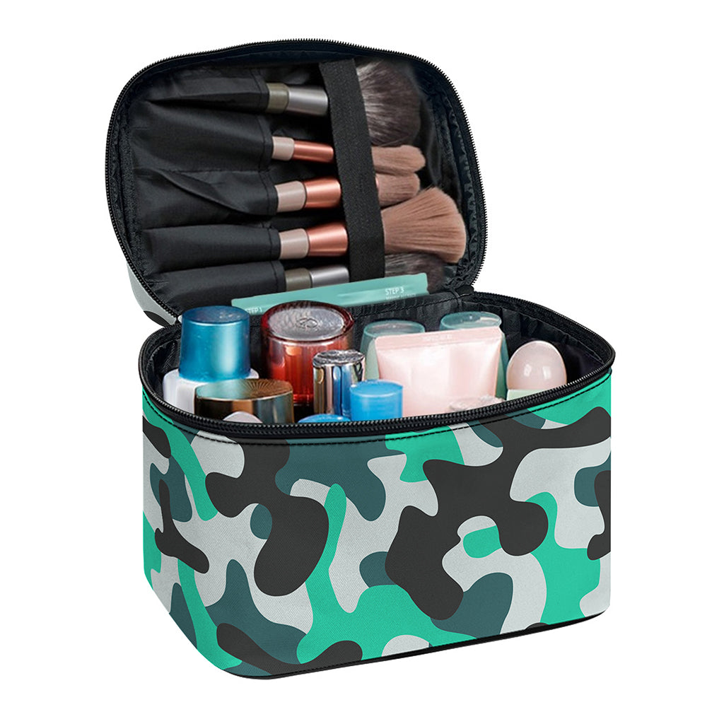 Teal And Black Camouflage Print Travel Makeup Bag