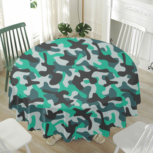 Teal And Black Camouflage Print Waterproof Round Tablecloth