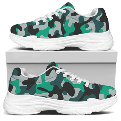 Teal And Black Camouflage Print White Chunky Shoes