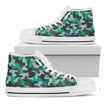 Teal And Black Camouflage Print White High Top Sneakers